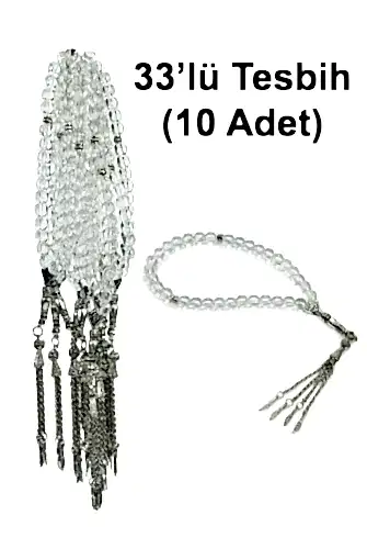 10 Adet 33lü Hac Umre Hediyelik Tesbih - Şeffaf Beyaz 
