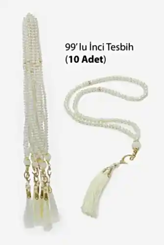 10 Adet 99 lu İnci Tesbih, Püsküllü, Vav Harfli, Mevlüt Hac Umre Hediyelik - Beyaz 