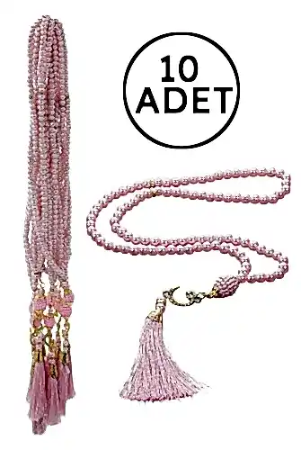 10 Adet 99 lu İnci Tesbih, Püsküllü, Vav Harfli, Mevlüt Hac Umre Hediyelik - Pembe - 1
