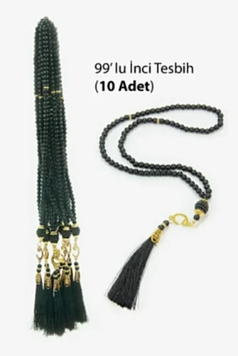 10 Adet 99 lu İnci Tesbih, Püsküllü, Vav Harfli, Mevlüt Hac Umre Hediyelik - Siyah 