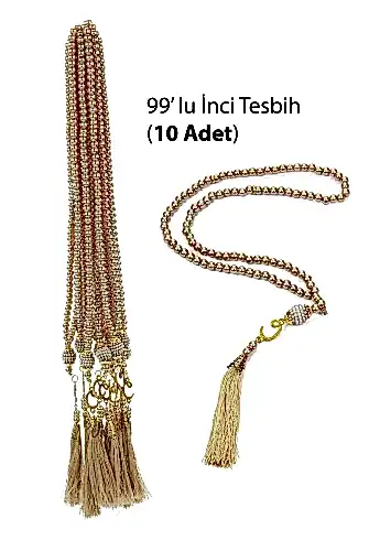 10 Adet 99 lu İnci Tesbih, Püsküllü, Vav Harfli, Mevlüt Hac Umre Hediyelik - Gold 