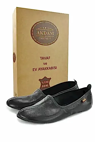 %100 Deri Hac Umre Tavaf Patiği ve Ev Ayakkabısı Siyah 
