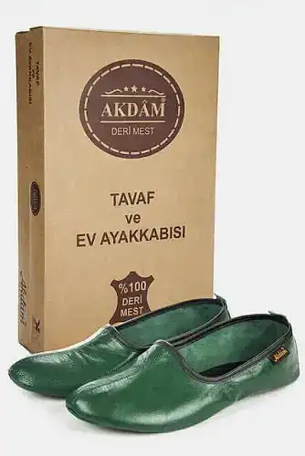 %100 Deri Hac Umre Tavaf Patiği ve Ev Ayakkabısı Yeşil - 1