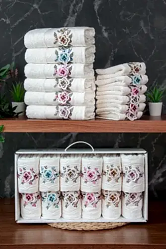 %100 Pamuklu 3D Çiçek İşlemeli 12 li Analı Kızlı Çeyizlik Havlu Seti 50x90 cm - 00030 - 1