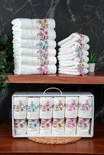 %100 Pamuklu 3D Kelebek İşlemeli 12 li Analı Kızlı Çeyizlik Havlu Seti 50x90 cm - 00030 