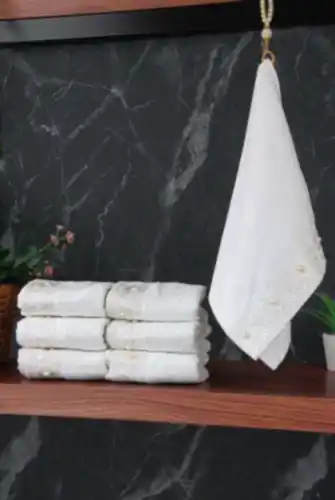 % 100 Pamuklu Kadife Güpürlü İnci Işlemeli 6 lı Çeyizlik El Yüz Havlu Seti - 30x50 cm - 04466 - Beyaz - 1