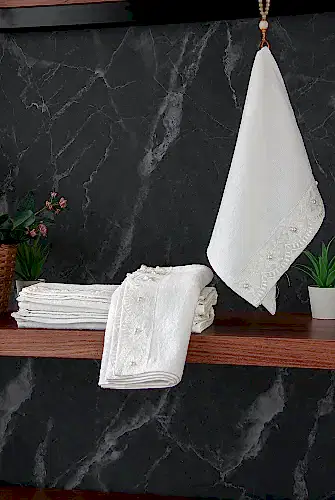 % 100 Pamuklu Kadife Güpürlü İnci Işlemeli 6 lı Çeyizlik El Yüz Havlu Seti - 30x50 cm - 04466 - Beyaz - ihvanonline (1)