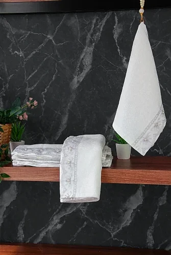 % 100 Pamuklu Kadife Güpürlü İnci Işlemeli 6 lı Çeyizlik El Yüz Havlu Seti - 30x50 cm - 04466 - Gri - ihvanonline (1)