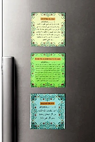3 lü Ayetel Kursi Karınca ve Nazar Duaları Buzdolabı Magneti - 6.5 X 6.5 cm Mıknatıslı Dekoratif Dolap Süsü 