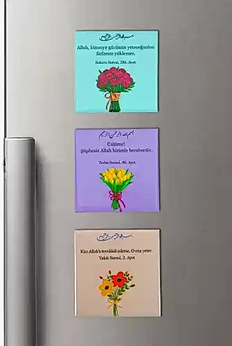 3 lü Bakara Tevbe ve Talak Sureleri Ayetleri Buzdolabı Magneti - 6.5 X 6.5 cm Mıknatıslı Dolap Süsü 
