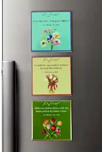 3 lü Dua ve Ayet Yazılı Buzdolabı Magneti - 6.5 X 6.5 cm Mıknatıslı Dekoratif Dolap Süsü 