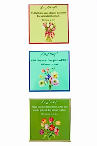 3 lü Dua ve Ayet Yazılı Buzdolabı Magneti - 6.5 X 6.5 cm Mıknatıslı Dekoratif Dolap Süsü - ihvanonline (1)