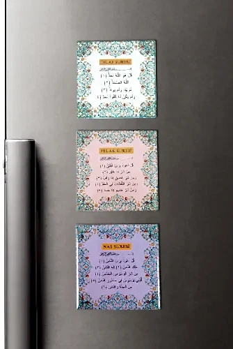 3 lü İhlas Felak ve Nas Sureleri Buzdolabı Magneti - 6.5 X 6.5 cm Mıknatıslı Dekoratif Dolap Süsü - 1