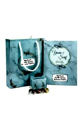 Hediyelik 3'lü Mevlüt Seti İsme Özel Etiketli Çantalı, 64 Sayfa Yasin Kitabı - Mavi 