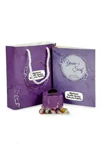 Hediyelik 3'lü Mevlüt Seti İsme Özel Etiketli Çantalı, 64 Sayfa Yasin Kitabı - Mor - 1