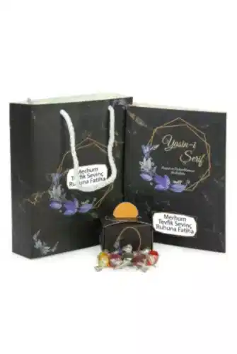 Hediyelik 3'lü Mevlüt Seti İsme Özel Etiketli Çantalı, 64 Sayfa Yasin Kitabı - Siyah 