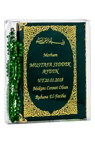 50 ADET - İsim Baskılı Ciltli Yasin Kitabı - Çanta Boy - 128 Sayfa - Tesbihli - Şeffaf Kutulu - Yeşil Renk - Dini Hediyelik Set - 1