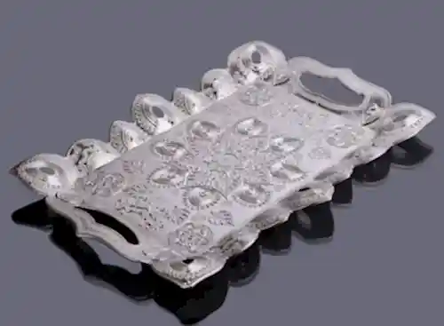 6 Kişilik Gümüş Renk Kararmaya Karşı Dayanıklı Dikdörtgen Oryantal Tepsi - İhvan (1)