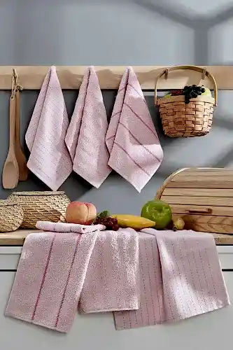 6lı Çizgili Mutfak Kurulama Bezi - Çeyizlik Mutfak Havlu Seti - 30x50 cm - Pudra - (RBK) 