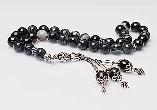 Gerçek Siyah Akik Taşı Tesbih-Küre Kesim Tesbih-Gümüş Malzemeli Tesbih-33'lük Tesbih-Orijinal Doğal Taş Tesbih - ihvanonline (1)