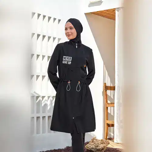 Adasea Ever Uzun Kollu Neon Detaylı Fermuarlı Tam Tesettür Mayo 1402-25 Siyah - 1