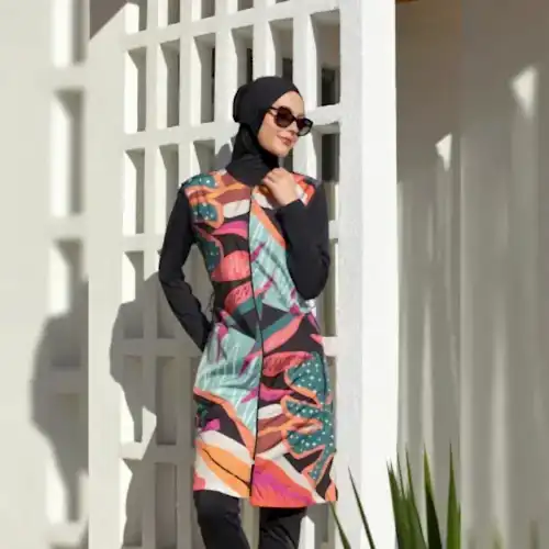 Adasea Kali Uzun Kollu Desenli Hızlı Kuruyan Tam Tesettür Mayo 1304-25 Siyah - 1