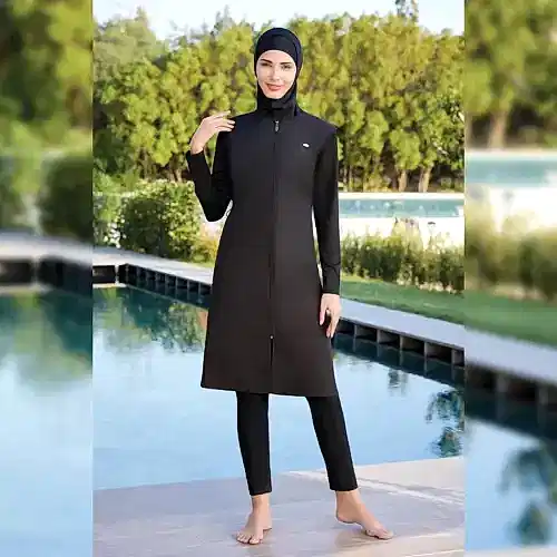 Adasea Tam Kapalı Tesettür Mayo Fermuarlı Dik Yaka, Uzun Kollu, Su İtici Kumaş 1250-25 Siyah - 1