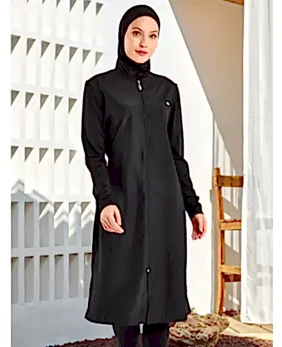 Adasea Tam Kapalı Tesettür Mayo Fermuarlı Dik Yaka, Uzun Kollu, Su İtici Kumaş 1250-25 Siyah - Adasea (1)