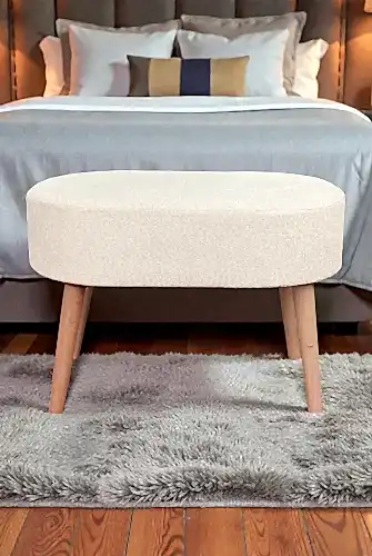 Ahşap Ayaklı Oval Puf Bench Geniş Oturum Alanlı Puf Sandalye - Krem - (60x40 cm) - ihvanonline (1)