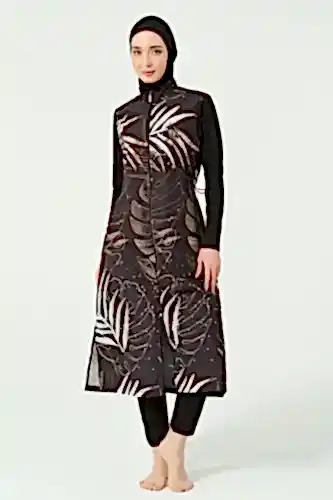 Alfasa Gold Yaprak Desenli Tam Kapalı Tesettür Mayo 25535-25 - Siyah - 1