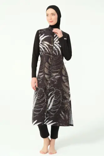 Alfasa Gold Yaprak Desenli Tam Kapalı Tesettür Mayo 25535-25 - Siyah - Alfasa (1)