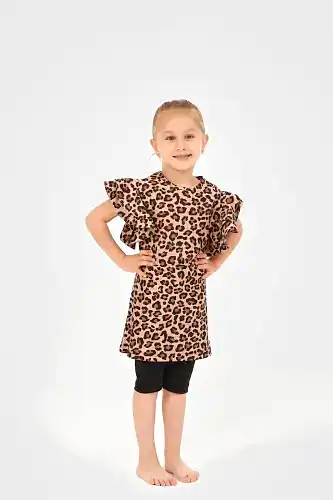 Alfasa Helin Leopar Desenli Tayt Şortlu Yarım Kol Çocuk Mayo 24100 Siyah - 1