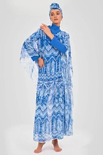 Alfasa Su Desenli Kemerli Şifon Pareo Mavi - 7054-25 - Alfasa (1)