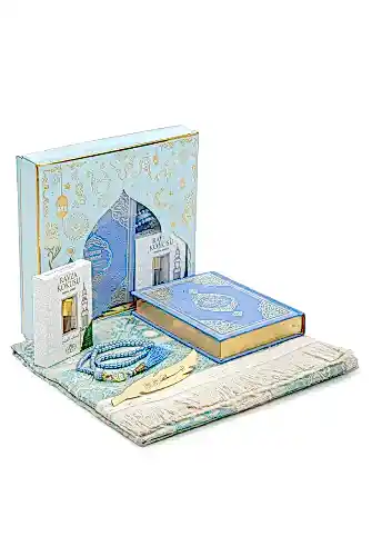 Almanca Mealli Medine Hatlı Kuranı Kerim ve Seccade Seti Mavi - 1