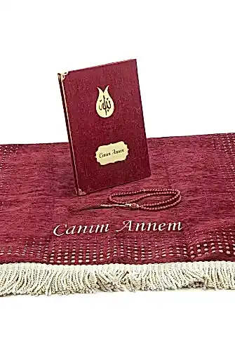Anneler Gününe Özel İsim Nakışlı İnci Tesbih Yasin Kitabı Şönil Seccade Seti Bordo - ihvanonline (1)