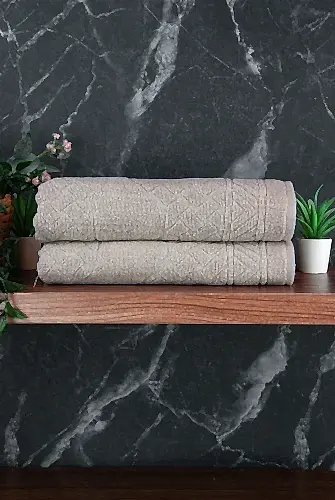 Ayak İzi Desenli 2li Ayak Havlusu - 50x70 cm - Su Emici Banyo Paspası Seti - Krem - 04085 - ihvanonline (1)