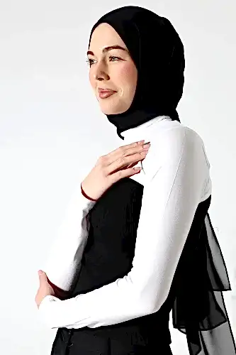 Balıkçı Yaka Tesettür Boyunluklu Kolluk Beyaz 