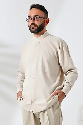 Bej Erkek Bol Kesim Tek Cepli Hakim Yaka Hac ve Umre Keten Gömlek - 1