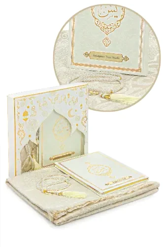 Beyaz Çeyizlik Seccade Seti Gelin Bohçasına Uygun Dini Hediyelik İsme Özel Yasin Kitabı 