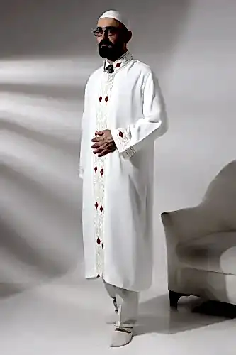 Beyaz Erkek Namaz Elbisesi Desen İşlemeli Hakim Yaka İmam Cübbesi - ihvanonline (1)