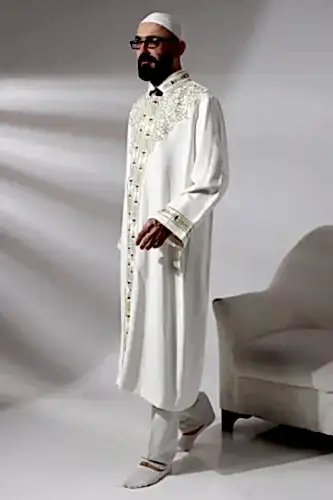Beyaz Erkek Namaz Elbisesi Hakim Yaka Nakış İşlemeli İmam Cübbesi - İhvan (1)