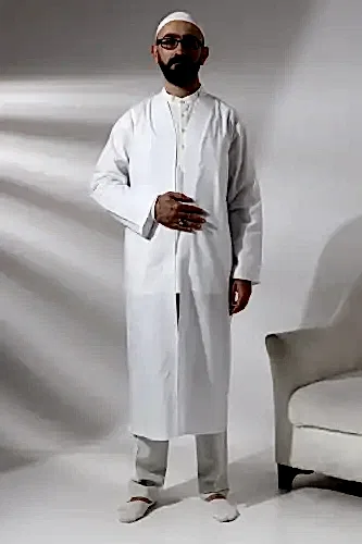 Beyaz Erkek Namaz Elbisesi V Yaka Düğmesiz Önü Açık Namaz Cübbesi 