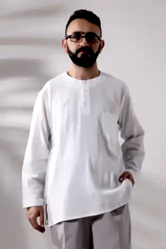Beyaz Erkek Rahat Kesim 3 Düğmeli Sıfır Yaka Hac ve Umre Şile Bezi Gömlek 