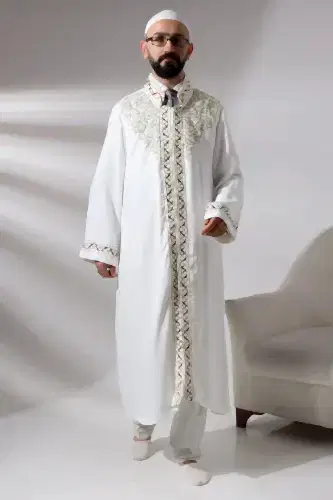 Beyaz Hakim Yaka Nakış İşlemeli Erkek Namaz Elbisesi İmam Cübbesi - ihvanonline (1)