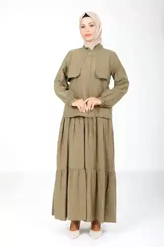 Haki İki Parça Hakim Yaka Kolu Lastikli Ceketli Elbise 9102-25 - 1