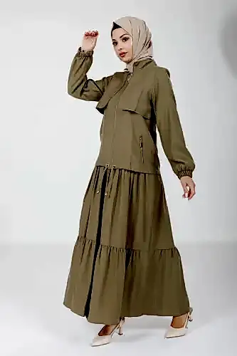 Haki İki Parça Hakim Yaka Kolu Lastikli Ceketli Elbise 9102-25 - Beyza (1)