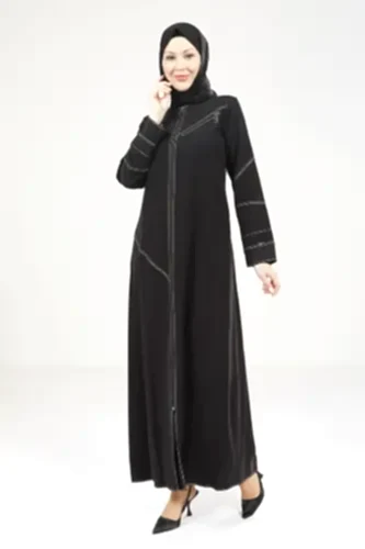 Siyah Tensel Kot Fermuarlı Yuvarlak Yaka Spor Tesettür Ferace 9200-25 - 1