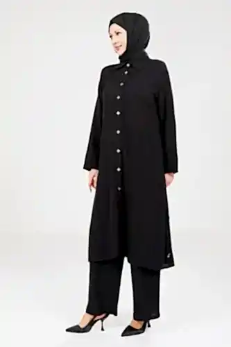 Kadın Düğmeli İkili Hac ve Umre Kıyafeti Siyah 9281-25 - 1