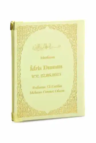 50 Adet İsim Baskılı Ayet-el Kürsi Desenli Yaldızlı Deri Ciltli Çanta Boy Yasin Kitabı Mevlüt Hediyesi 128 Sayfa Krem - ihvanonline (1)