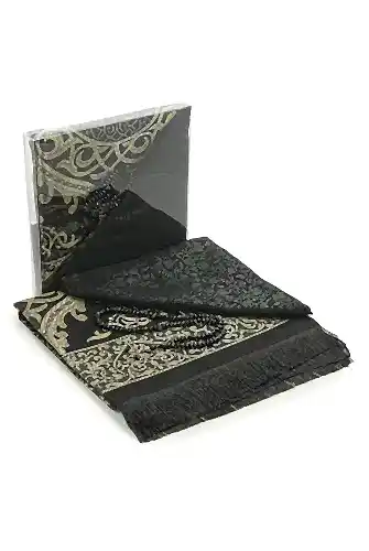 Bohçaya ve Mevlide Uygun Başörtülü Seccade Seti - Tesbihli - Siyah - 1